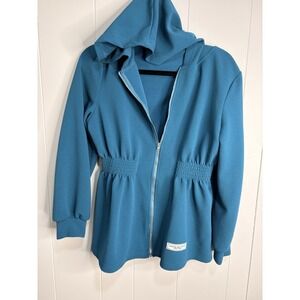 Hooded Zip Up Jacket Sweater Blue Drawstring Waist Long Sleeve Set SZ Medium